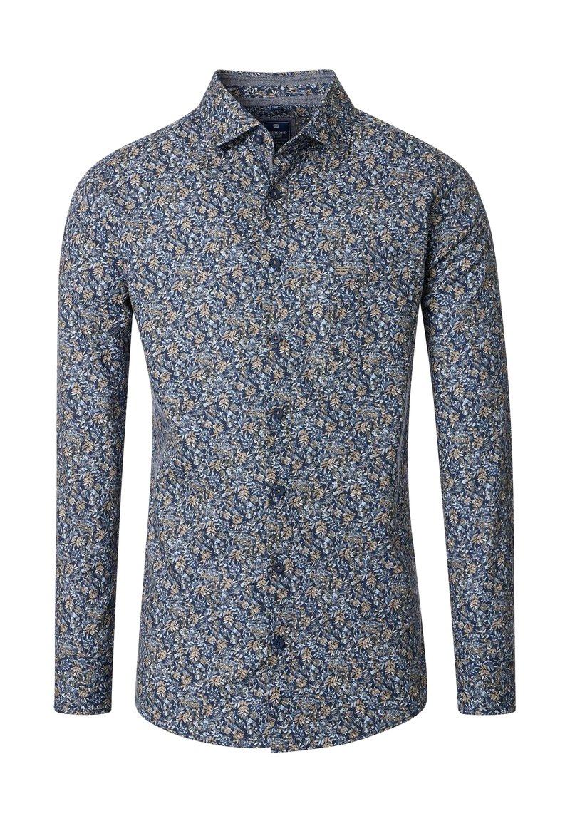 Langarmhemd aus dunkelblauem Baumwollstoff mit einem floralen Muster in Creme und Hellblau. Knopfkragen mit Standardmanschetten-Design.