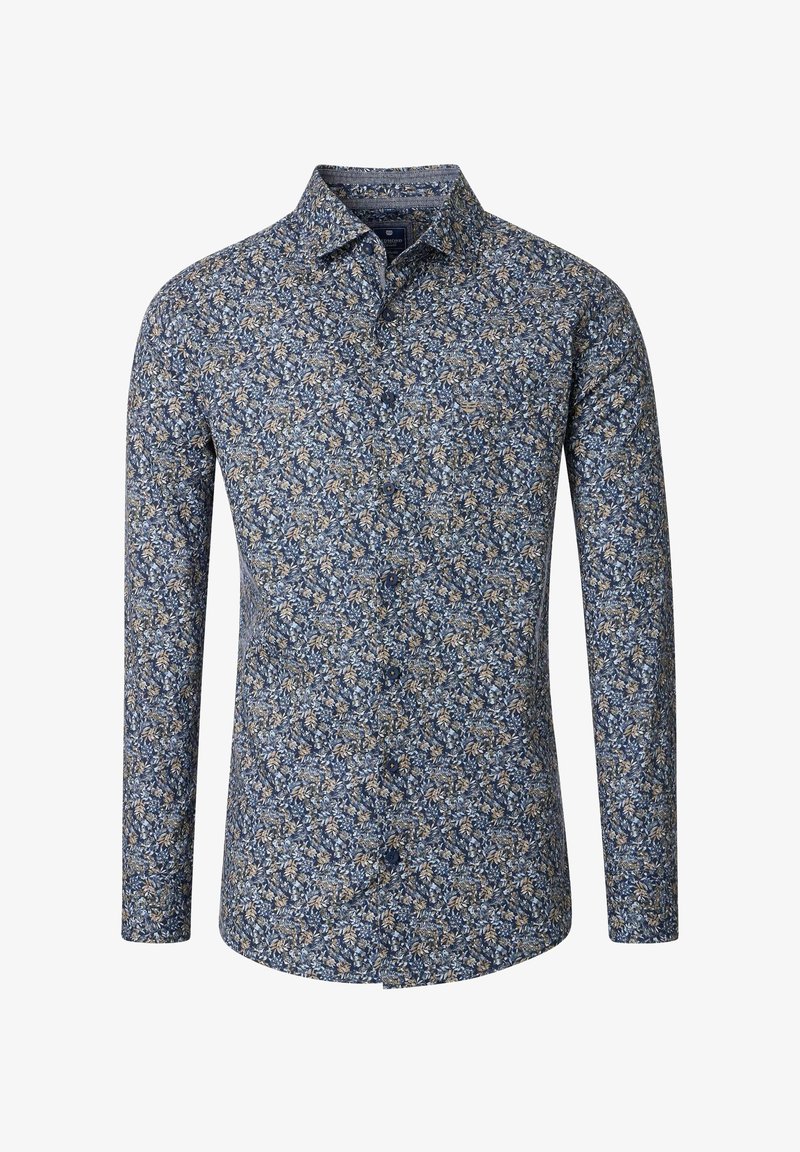 Langarmhemd aus dunkelblauem Baumwollstoff mit einem floralen Muster in Creme und Hellblau. Knopfkragen mit Standardmanschetten-Design.