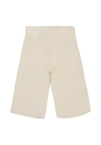 Pantaloni corti in cotone beige con un design a gamba larga, vita elastica e senza tasche. Tessuto liscio e cuciture semplici.