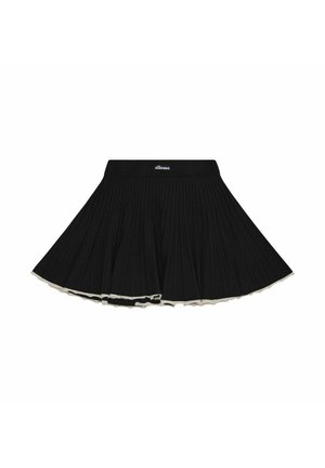 Schwarzer Plisseerock mit weißem Saumabschluss und kleinem "ellesse"-Logo am Bund, dargestellt vor weißem Hintergrund.