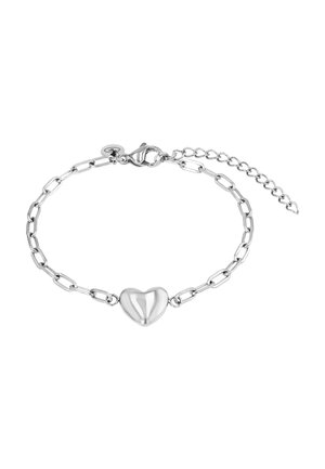 Zilveren armband met langwerpige schakels, voorzien van een gepolijste hartvormige bedel in het midden en een verstelbare sluiting.