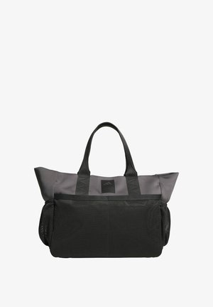 Sac fourre-tout en maille grise avec accents noirs, équipé de deux poignées solides, de forme rectangulaire et d'un patch logo solide à l'avant.