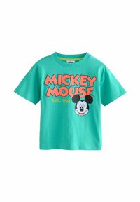 Hellgrünes Baumwoll-T-Shirt mit dem Schriftzug "MICKEY MOUSE" in Orange und einer Grafik von Mikeys Gesicht darunter, mit rundem Ausschnitt und kurzen Ärmeln.