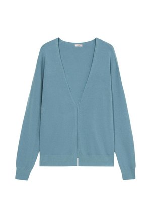Helle blaue Strickjacke, V-Ausschnitt, lange Ärmel, gerippter Saum und Bündchen, aus weichem Material, offen vorne mit zentraler Schlitz.