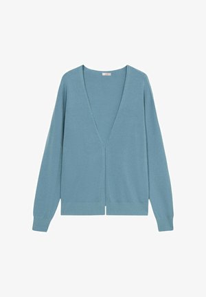 Helle blaue Strickjacke, V-Ausschnitt, lange Ärmel, gerippter Saum und Bündchen, aus weichem Material, offen vorne mit zentraler Schlitz.