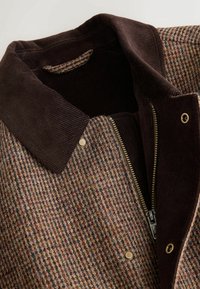 Brown corduroy collar with a textured, multicolored woven outer layer. Features a brass zipper and snap closures on the front.