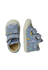 Blå kanvasskor med kardborreband och dinosauriemönster. Krämfärgade gummisulor med texturerat grepp. Mjuk innerfoder. Rundad tådesign.