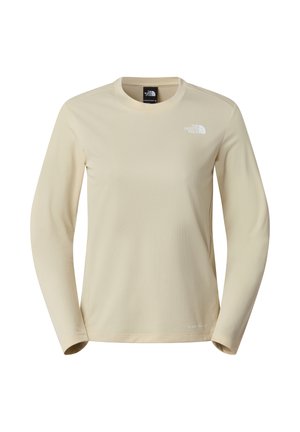 Světlá béžová košile s dlouhým rukávem, texturovaným vzorem, kulatým výstřihem a logem v horní levé části. Měkká látka a přiléhavý střih.