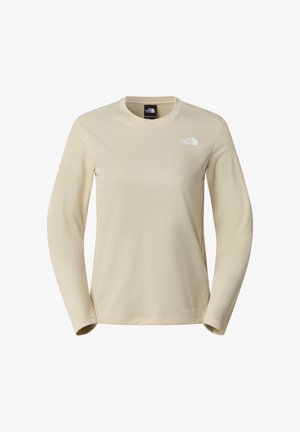 Světlá béžová košile s dlouhým rukávem, texturovaným vzorem, kulatým výstřihem a logem v horní levé části. Měkká látka a přiléhavý střih.