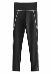 Sorte leggings lavet af strækbart materiale, med en bred talje, flade sømme og reflekterende hvidt trim langs siderne.