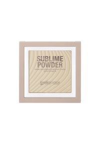 Compatto Sublime Powder con involucro esterno beige, telaio interno bianco, superficie in polvere dorata texturizzata e lettere in grassetto "Sublime Powder".