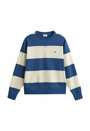 Blue and beige wide-striped long sleeve sweatshirt with small embroidered logo on the chest and crew neckline.
