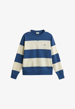 Blue and beige wide-striped long sleeve sweatshirt with small embroidered logo on the chest and crew neckline.