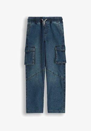 Dżinsowe spodnie cargo w ciemnoniebieskim kolorze z elastycznym pasem, dwoma bocznymi kieszeniami oraz dwiema dużymi kieszeniami cargo na obu nogawkach. Teksturowana tkanina.