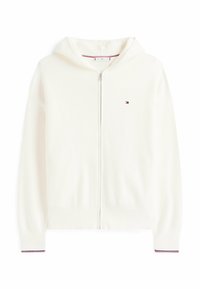 Witte hoodie met rits, gemaakt van zachte stof, met een ruime capuchon, geribde manchetten met rode en blauwe strepen, en een klein logo op de borst.