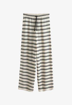 Pantaloni de lounge din tricot alb cu dungi orizontale negre și talie cu șnur negru, cu croială largă și confortabilă.
