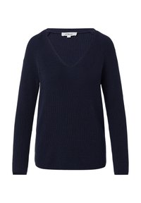 Granatowy sweter z dzianiny z dekoltem w serek, długimi rękawami, prążkowaną fakturą i luźnym krojem. Metka widoczna przy dekolcie.