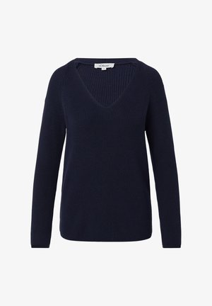 Maglione lavorato a maglia blu navy con scollatura a V, maniche lunghe, texture a coste e vestibilità relaxed. Etichetta visibile all'apertura del collo.