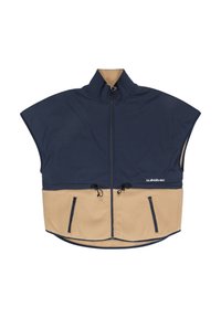 Marineblauwe jas met een beige fleece ondergedeelte, hoge kraag, ritssluiting aan de voorkant en een trekkoord aan de onderkant. Bevat twee met rits afgesloten zakken.