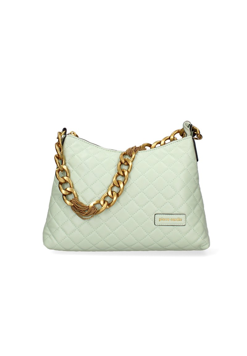 Borsa a tracolla verde menta trapuntata con finitura testurizzata, dotata di una tracolla in oro e un accento con logo sul davanti. Chiusura con zip nella parte superiore.