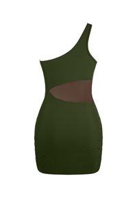 Groen één-schouderjurk met een uitsnijdontwerp en een contrasterend bruin gaaspaneel, geraffineerde details op de rok en een gladde stoftextuur.