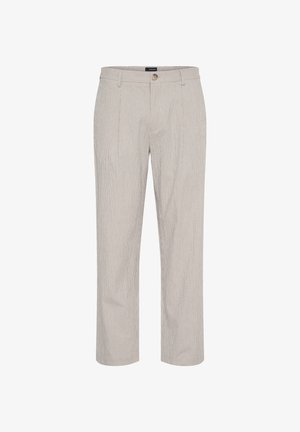 Pantaloni a righe grigio chiaro, in design dritto, con chiusura a un bottone in vita e due tasche frontali. Texture liscia.