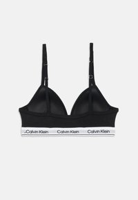 Crni bralet s trokutastim čašama, podesivim trakama i kontrastnim bijelim pojasom s "Calvin Klein" logotipom. Mekana tekstura tkanine.
