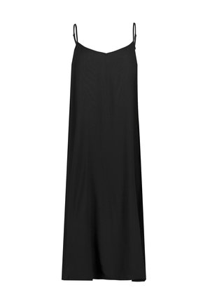 Schwarzes ärmelloses Kleid mit dünnen Trägern, A-Linien-Silhouette, glatter Textur und einem einfachen, fließenden Design, das bis zur Mitte der Wade reicht.