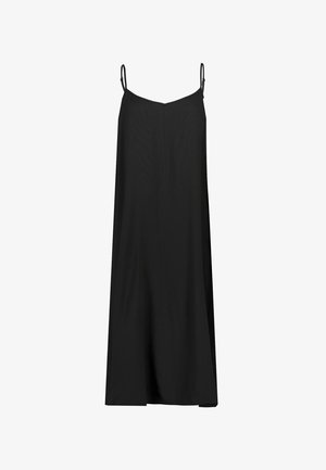 Schwarzes ärmelloses Kleid mit dünnen Trägern, A-Linien-Silhouette, glatter Textur und einem einfachen, fließenden Design, das bis zur Mitte der Wade reicht.