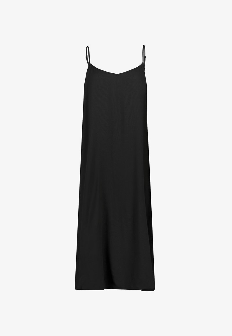Schwarzes ärmelloses Kleid mit dünnen Trägern, A-Linien-Silhouette, glatter Textur und einem einfachen, fließenden Design, das bis zur Mitte der Wade reicht.