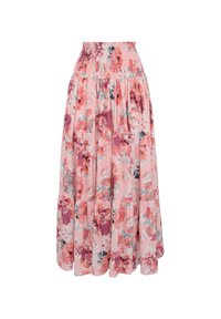 Gonna maxi floreale in rosa chiaro, con vita smock, balze sovrapposte e grandi fiori nei toni del rosso, viola e verde. Tessuto leggero.