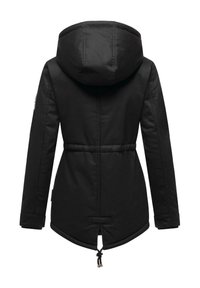 Black insulated jacket with a hood, cinched waist, and adjustable hem. Features side seams and subtle branding on the bottom hem.