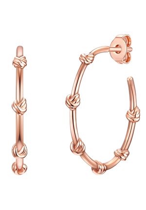 Ohrringe aus Roségold in einer gedrehten Designs mit vier Knotenakzenten entlang der glatten, polierten Oberfläche. Sicherer Verschluss mit Druckknopf.
