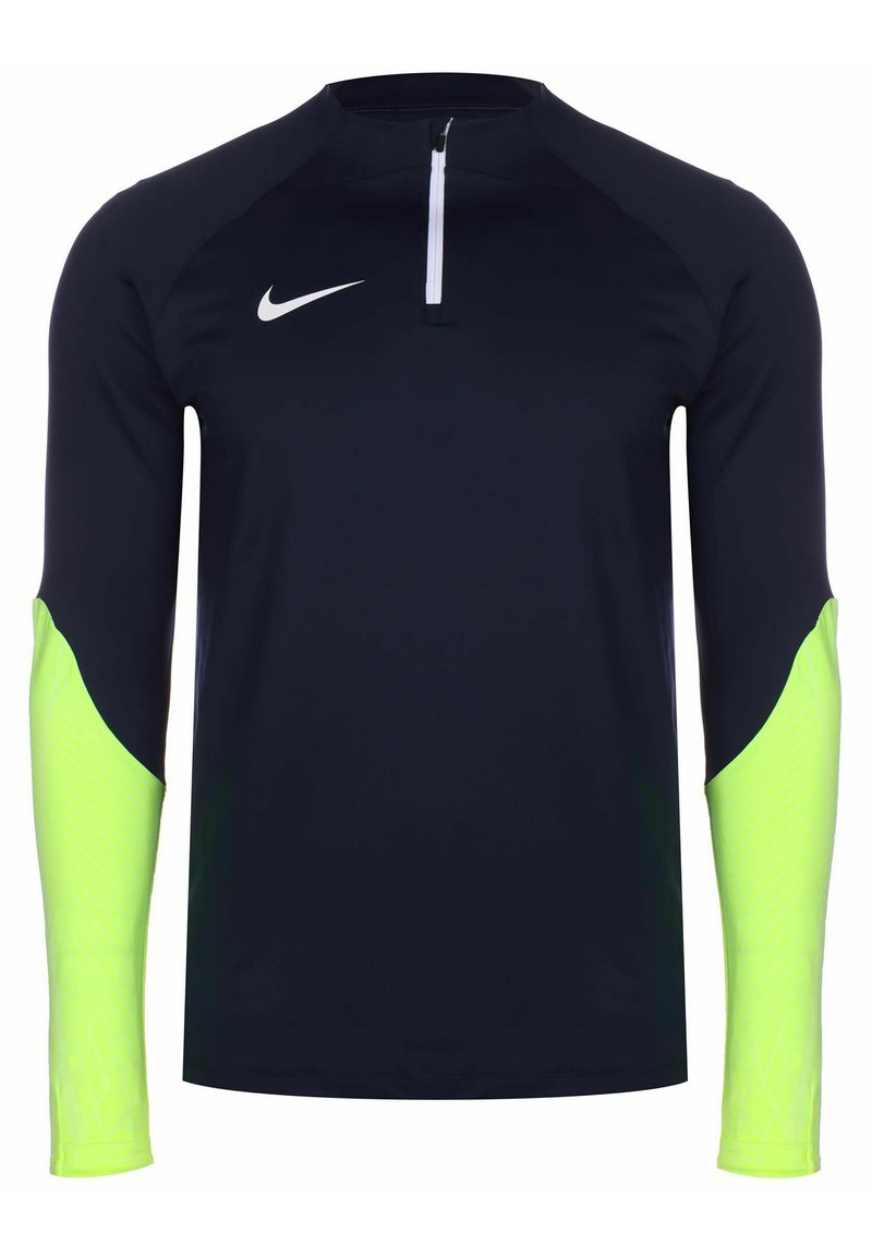 Marineblauw sportshirt met lange mouwen en halve rits kraag, met neon groene gestructureerde mouwen en contrasterend wit logo op de borst.