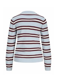 Maglione blu chiaro con strisce orizzontali color maroon e crema, maniche lunghe, scollo rotondo e orlo a coste.