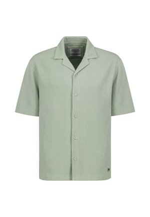 Light green short-sleeve ribbed shirt with notch collar, five buttons down front, and small tag near hem.