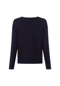 Granatowy sweter z długim rękawem i okrągłym dekoltem, wykonany z miękkiej dzianiny, o prostym, czystym wzornictwie, bez widocznych logo ani wzorów.