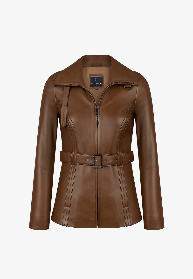 Braune Lederjacke mit spitzem Kragen, Reißverschluss, tailliertem Schnitt und strukturierten Nähten. Innen mit einem Markenetikett versehen.