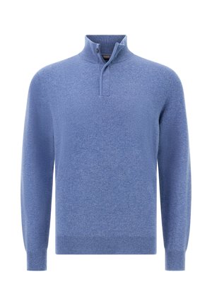 Lichtblauwe gebreide trui met lange mouwen, hoge kraag en kwart-ritssluiting, geribbelde manchetten en zoom.