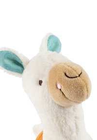 Plush llama toy with a white fuzzy body, soft brown face, light blue patterned ears, and an orange accent on the side.