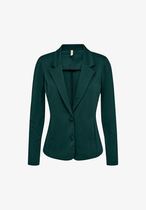 Blazer femme ajusté vert foncé, manches longues, revers crantés et deux boutons à l'avant.