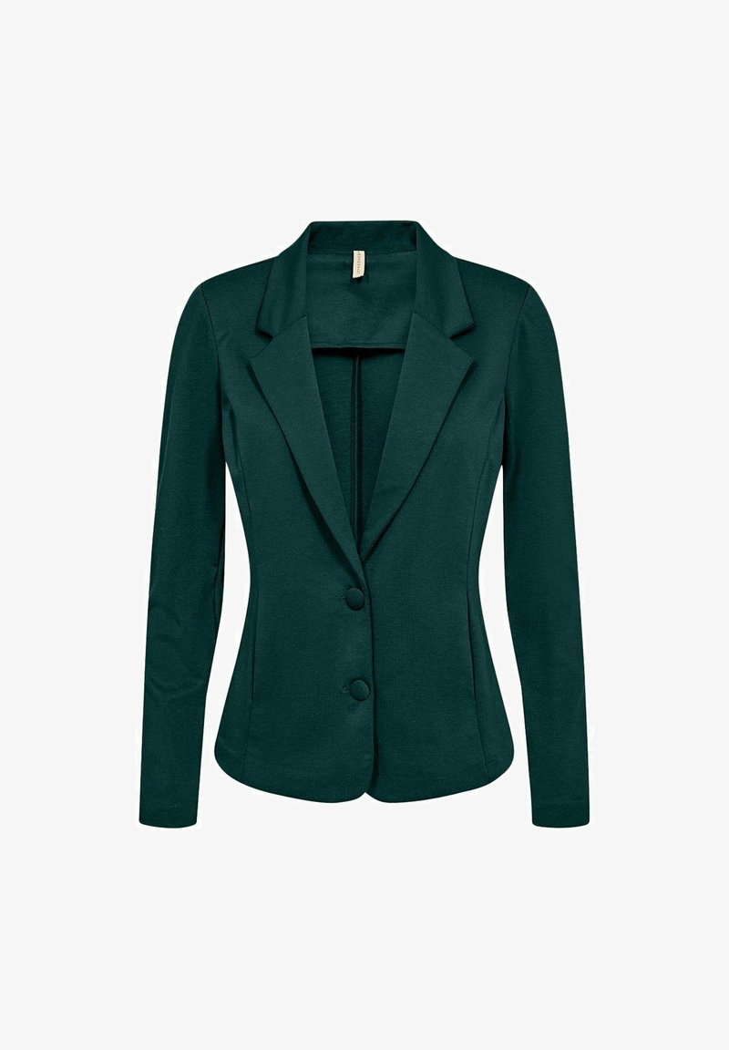 Blazer femme ajusté vert foncé, manches longues, revers crantés et deux boutons à l'avant.