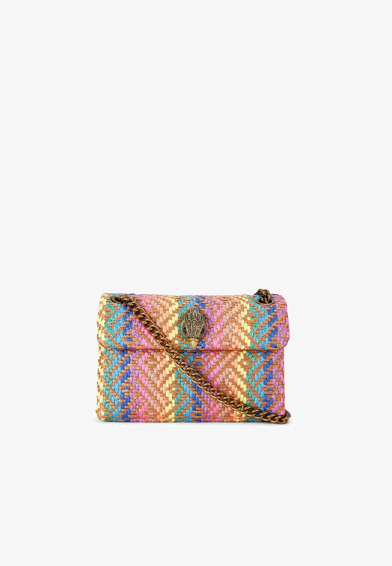 Woven handbag featuring a colorful chevron pattern in pink, blue, and orange with a metallic clasp and a chain strap.