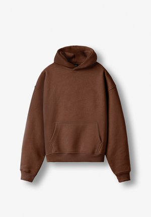 Felpa marrone con cappuccio, tasca a marsupio frontale e polsini e orlo a coste, mostrata su uno sfondo bianco semplice.
