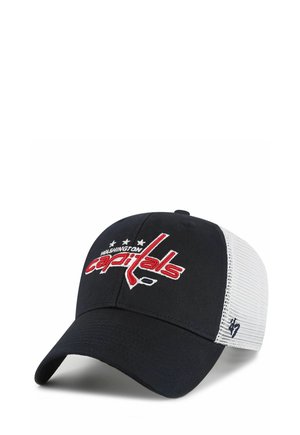 Schwarz-weißes Mesh-Baseballcap mit rotem und weißem "Washington Capitals"-Logo vorne und '47 Markenlogo an der Seite bestickt.