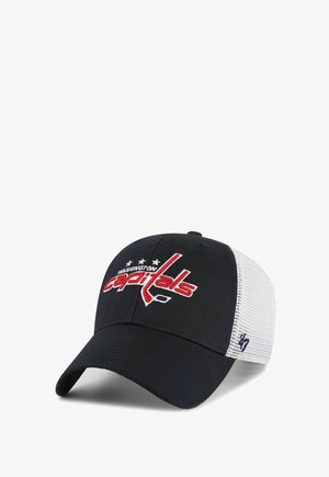 Black and white mesh baseball cap with red and white "Washington Capitals" logo embroidered on front and '47 brand logo on side.