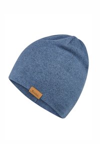 Blue wool blend beanie with a soft texture. Features a small brown leather logo patch on the side. Form-fitting design.
