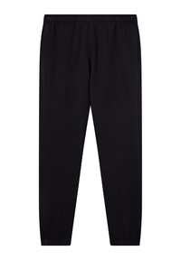Czarne spodnie sportowe z miękkiego materiału, z elastycznym pasem, zwężanymi mankietami i bocznymi kieszeniami dla wygody.