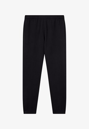 Czarne spodnie sportowe z miękkiego materiału, z elastycznym pasem, zwężanymi mankietami i bocznymi kieszeniami dla wygody.