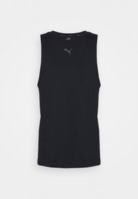 Un débardeur de sport noir sans manches avec un col rond, fabriqué en tissu lisse. Présente un petit logo réfléchissant sur la poitrine.